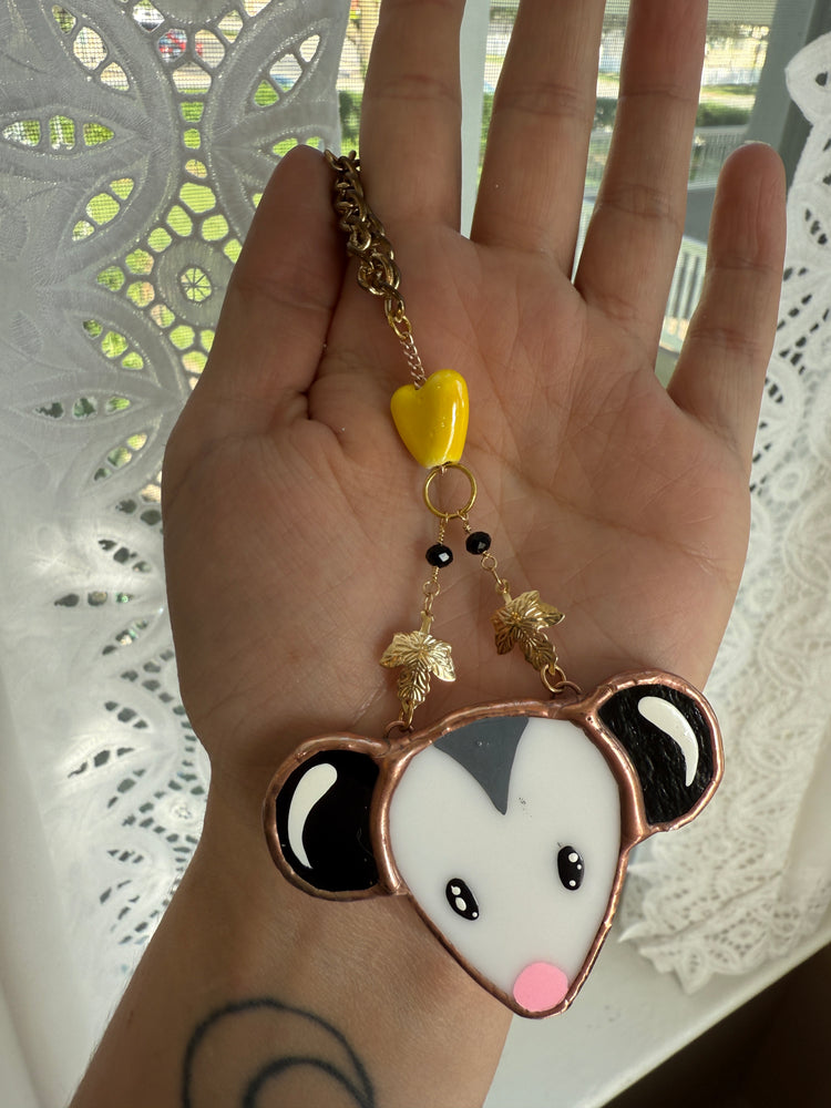 Yellow Heart Opossum Stained Glass Car Charm