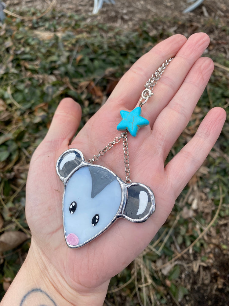 Blue Star Opossum Stained Glass Charm
