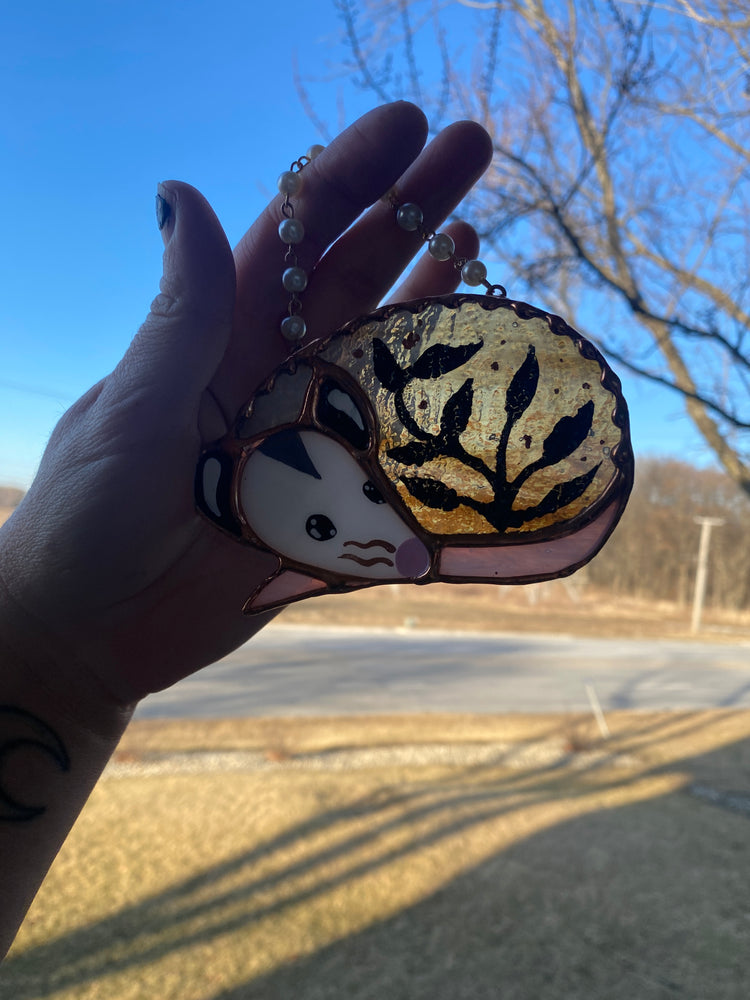 Black Foliage Opossum Stained Glass Ornament