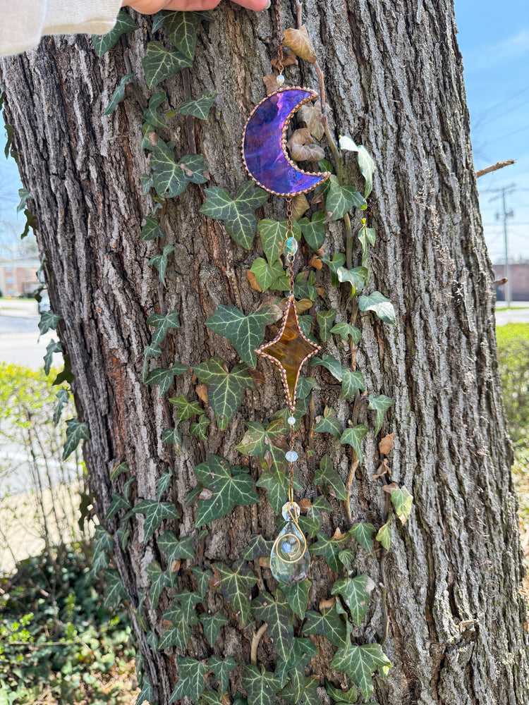 Blue Iridescent and Gold Sun and Moon Suncatcher