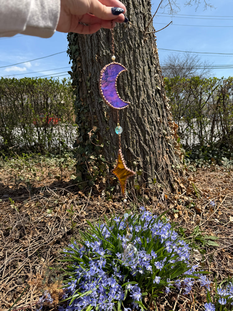 Blue Iridescent and Gold Sun and Moon Suncatcher