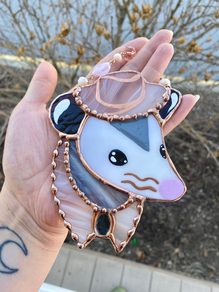 Mini Pink Swirl Cowboy Opossum Stained Glass