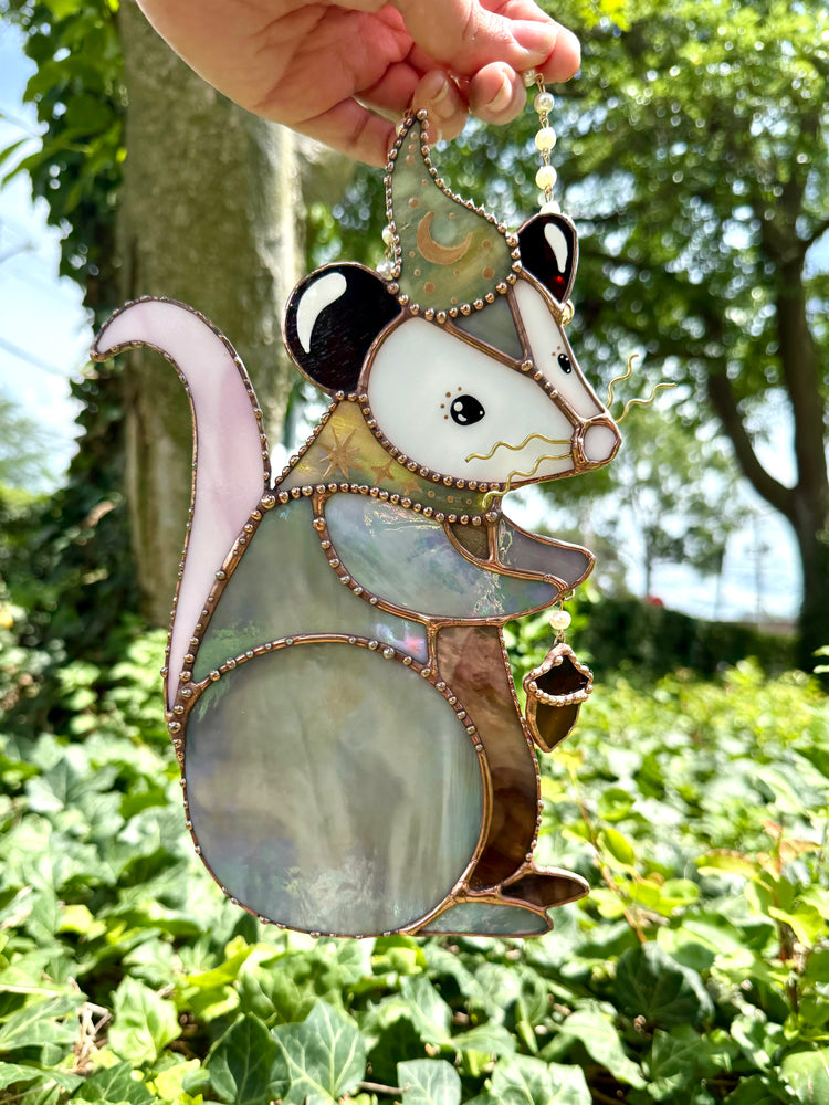 Acorn Wizard Opossum Stained Glass Suncatcher