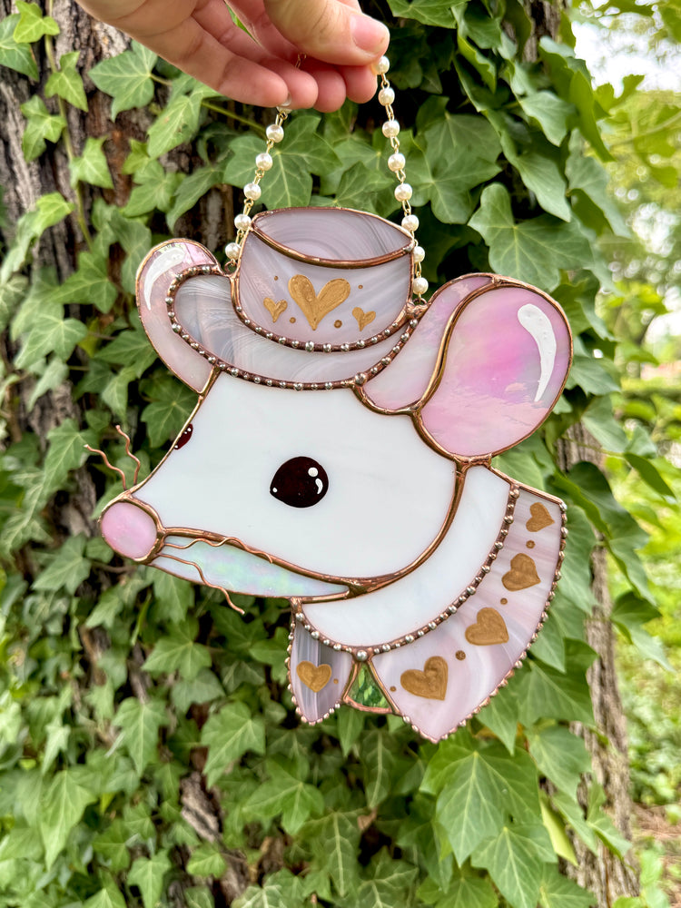 Pink Mousie Girl Stained Glass Suncatcher