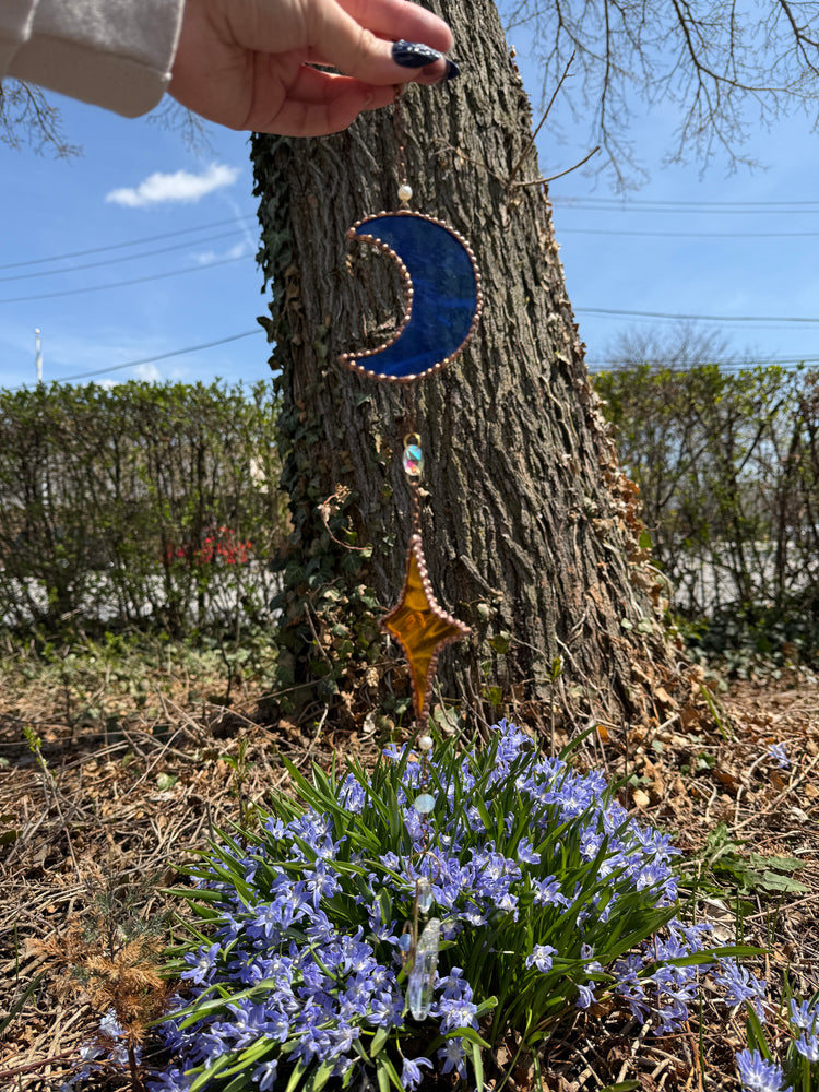 Blue Iridescent and Gold Sun and Moon Suncatcher