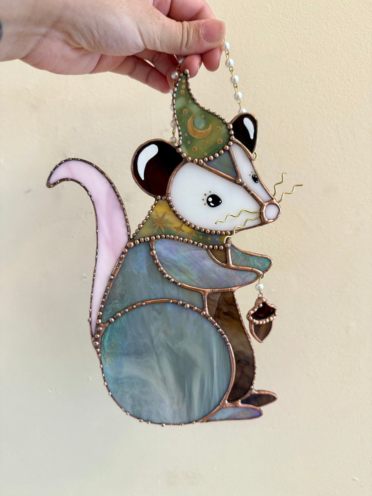 Acorn Wizard Opossum Stained Glass Suncatcher