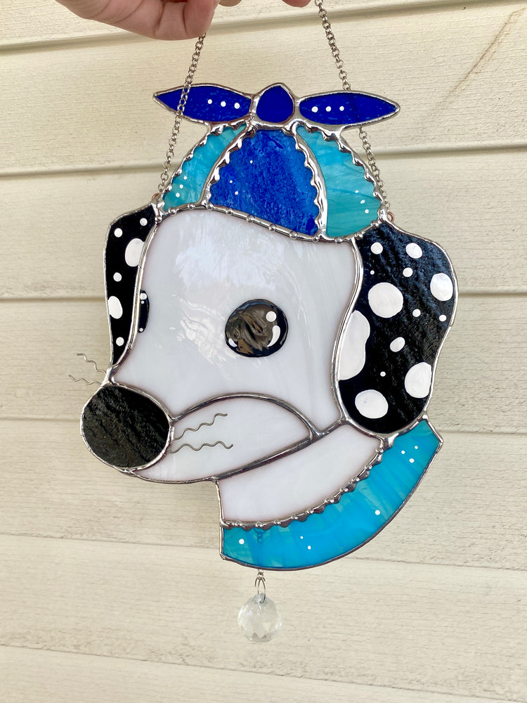 Blue Helicopter Hat Dog Stained Glass Suncatcher