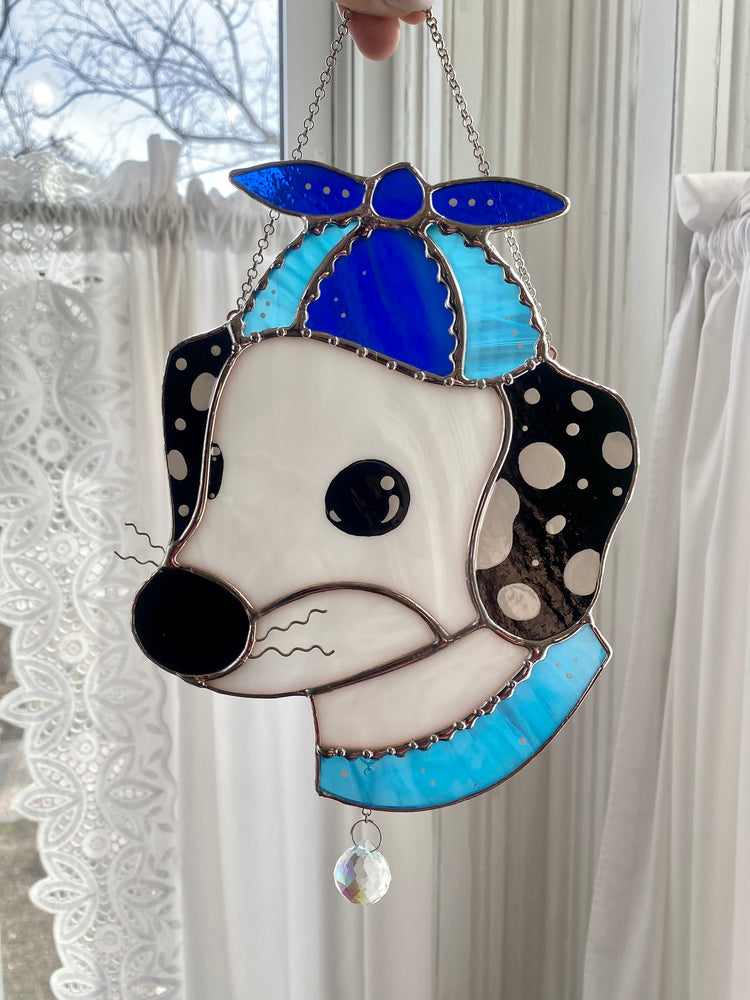 Blue Helicopter Hat Dog Stained Glass Suncatcher