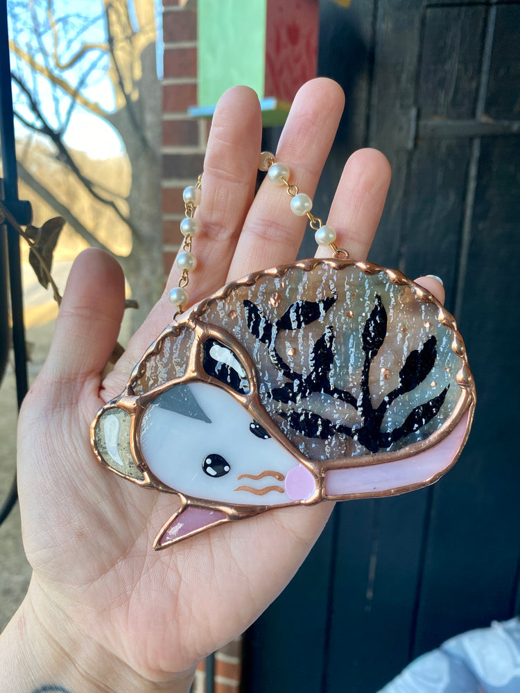 Black Foliage Opossum Stained Glass Ornament