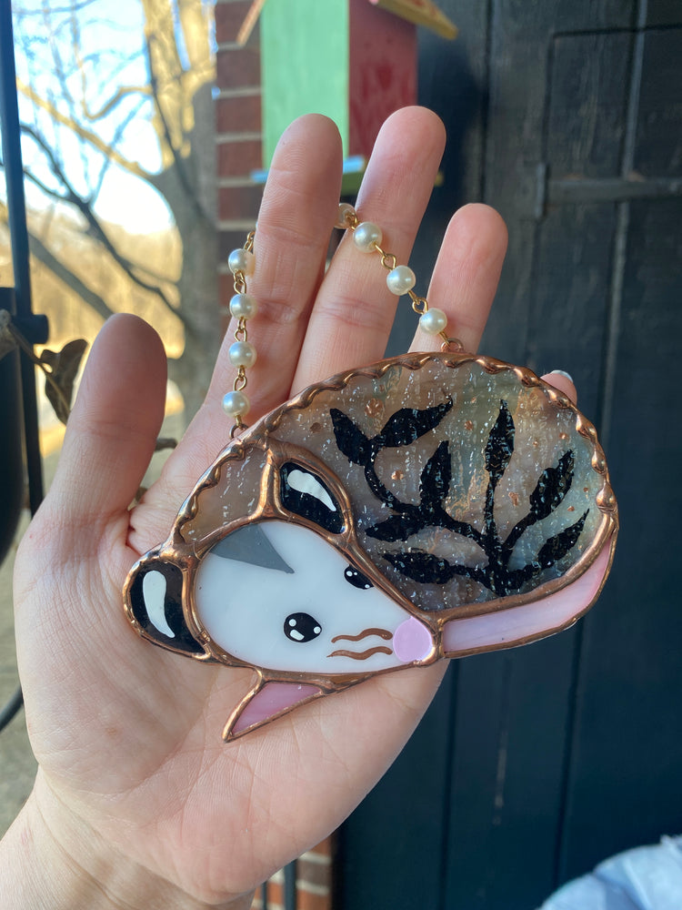 Black Foliage Opossum Stained Glass Ornament