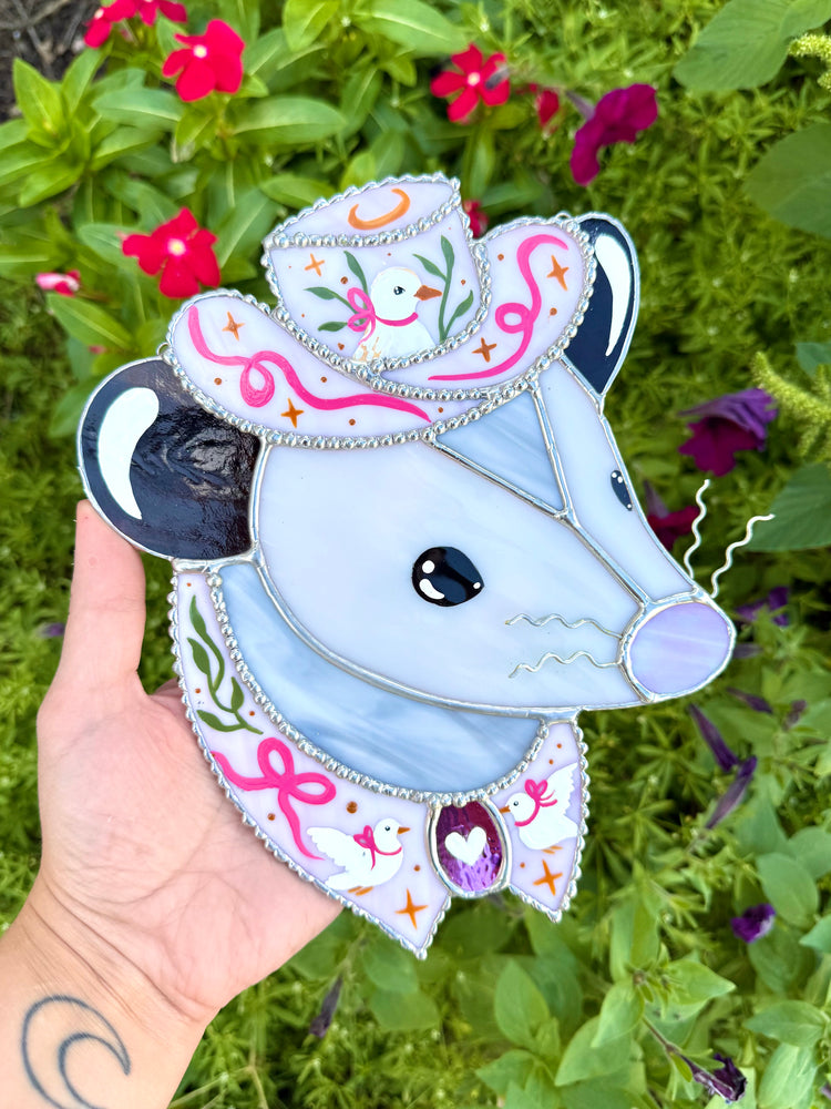 Pink Pigeon Opossum Stained Glass Suncatcher