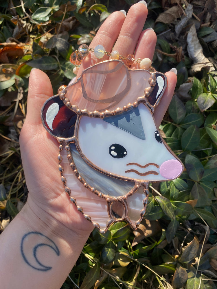 Mini Pink Swirl Cowboy Opossum Stained Glass