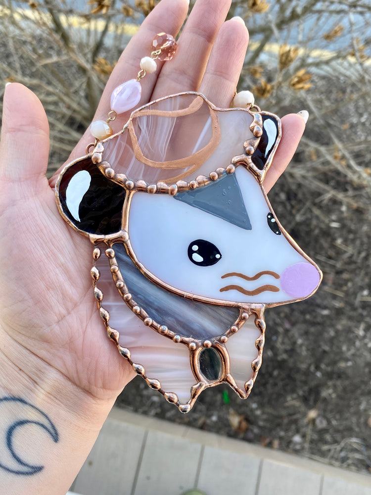 Mini Pink Swirl Cowboy Opossum Stained Glass