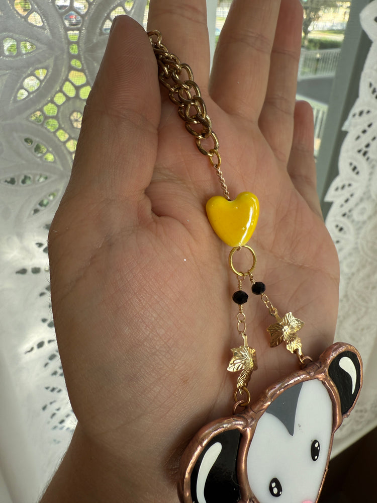 Yellow Heart Opossum Stained Glass Car Charm