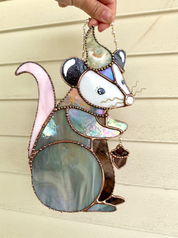 Acorn Wizard Opossum Stained Glass Suncatcher