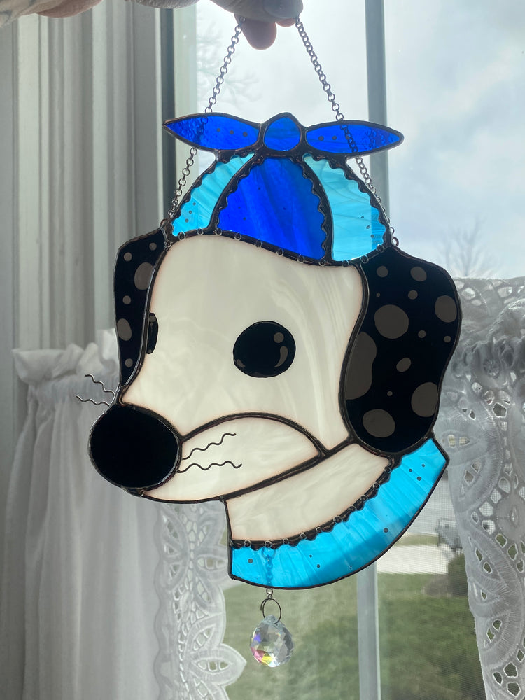 Blue Helicopter Hat Dog Stained Glass Suncatcher