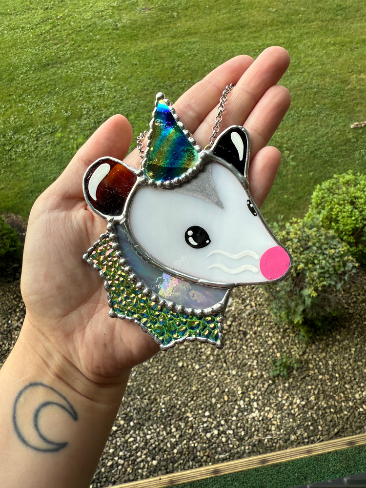 Dichroic Party Opossum Stained Glass Ornament