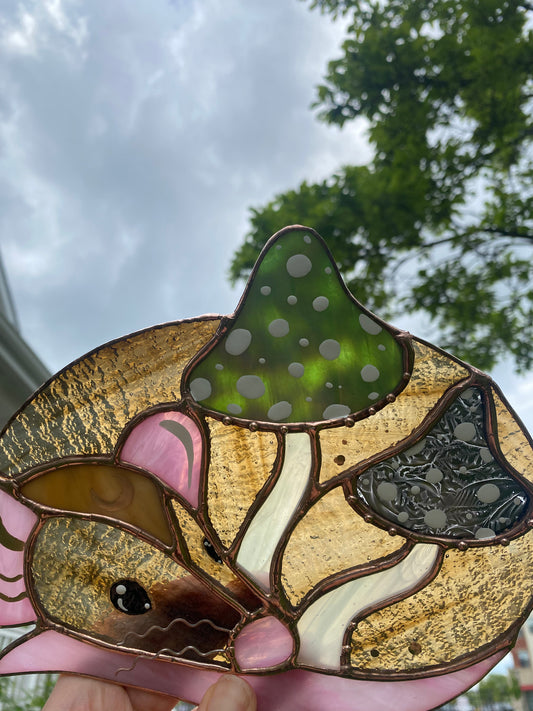 Green Forest Mushroom Rat Stained Glass Suncatcher