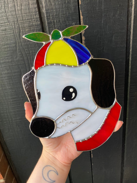 Helicopter Hat Puppy Stained Glass Suncatcher