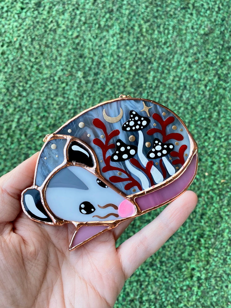 Black and Red Mushroom Opossum Stained Glass Suncatcher Ornament