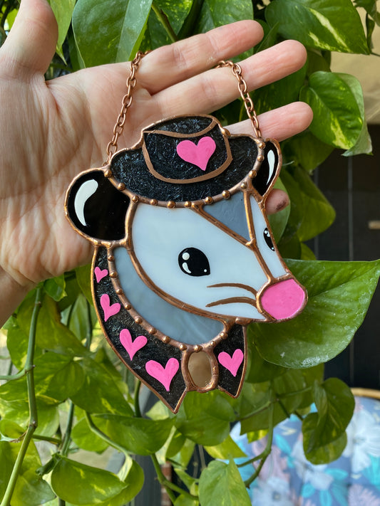 Mini Black and Pink Cowboy Opossum Stained Glass