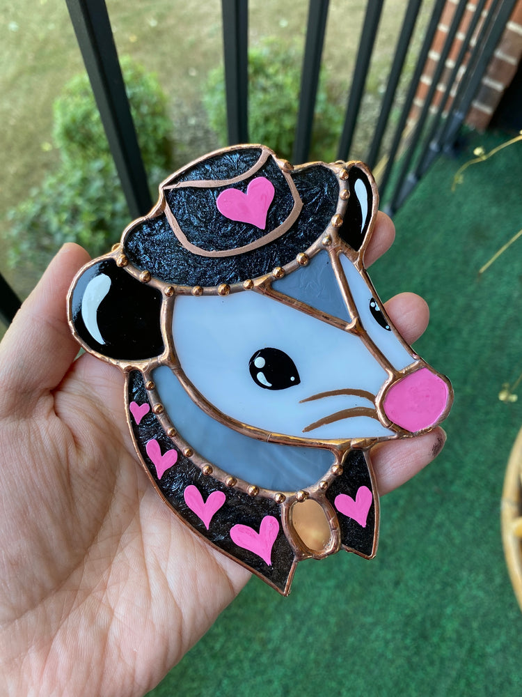 Mini Black and Pink Cowboy Opossum Stained Glass