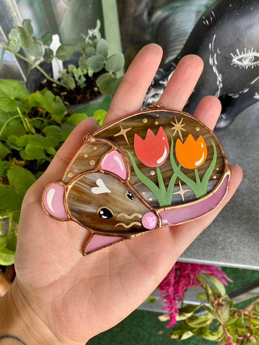 Mini Brown Tulip Rat Stained Glass Ornament