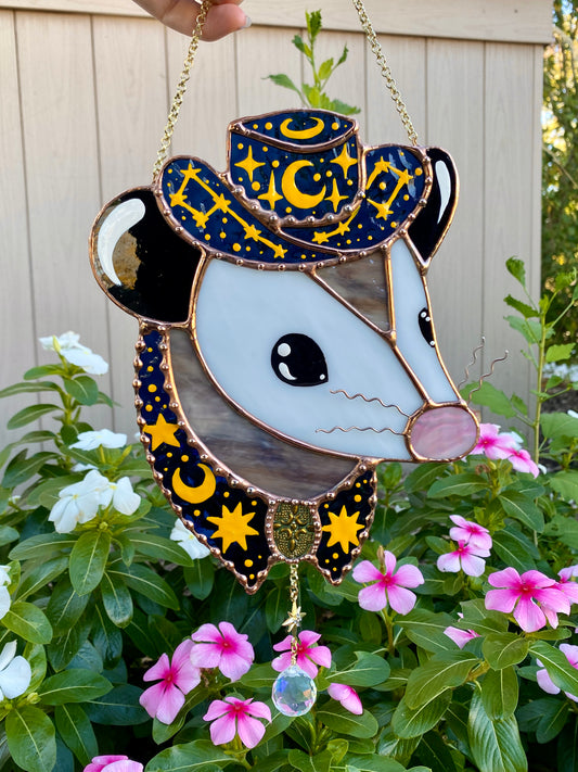 Celestial Cowboy Opossum Stained Glass Suncatcher