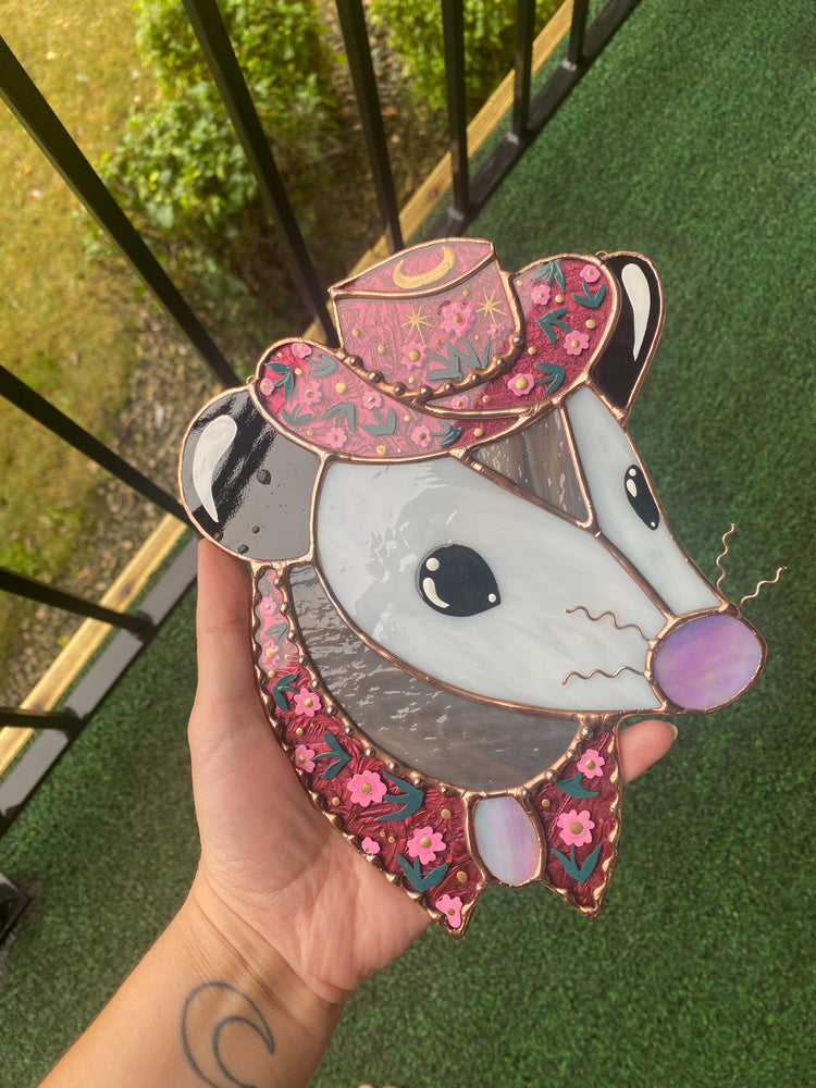 Pink Flower Cowboy Opossum Stained Glass Suncatcher