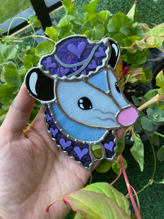 Mini Purple Cowboy Opossum Stained Glass Ornament