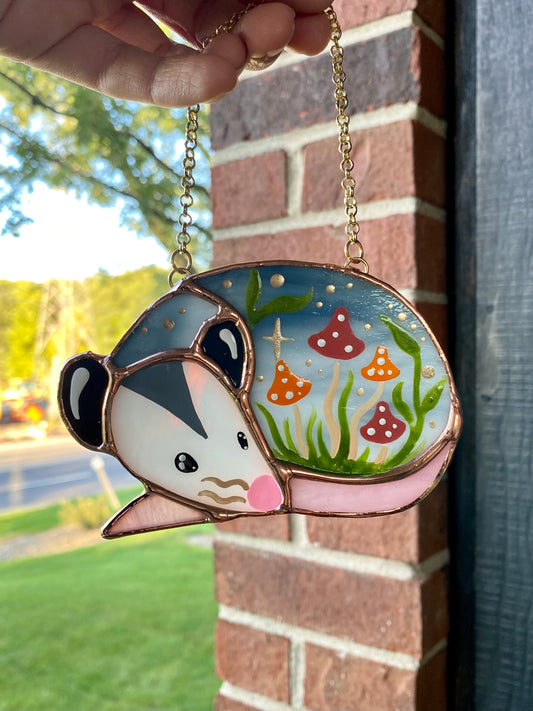 Sleepy Mushroom Bunch Opossum Mini Stained Glass Suncatcher