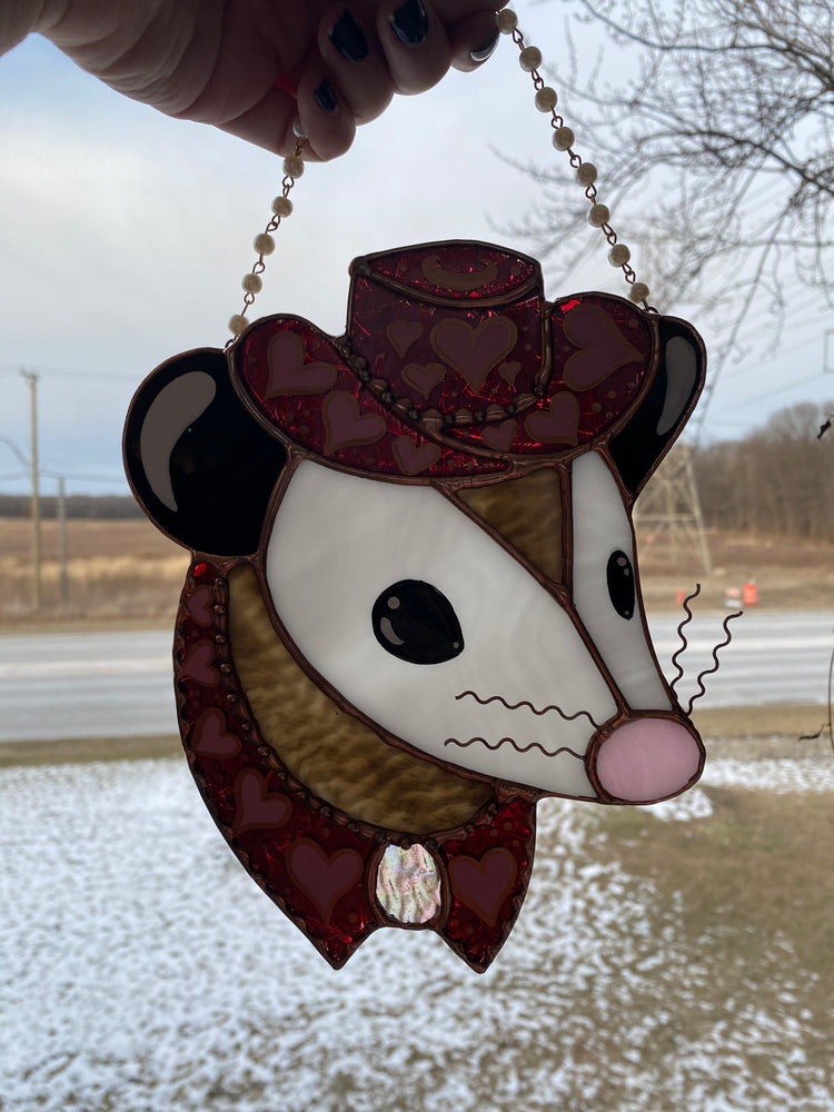 Pink Heart Cowgirl Opossum Stained Glass Suncatcher