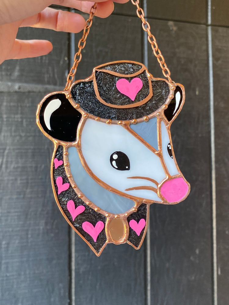 Mini Black and Pink Cowboy Opossum Stained Glass