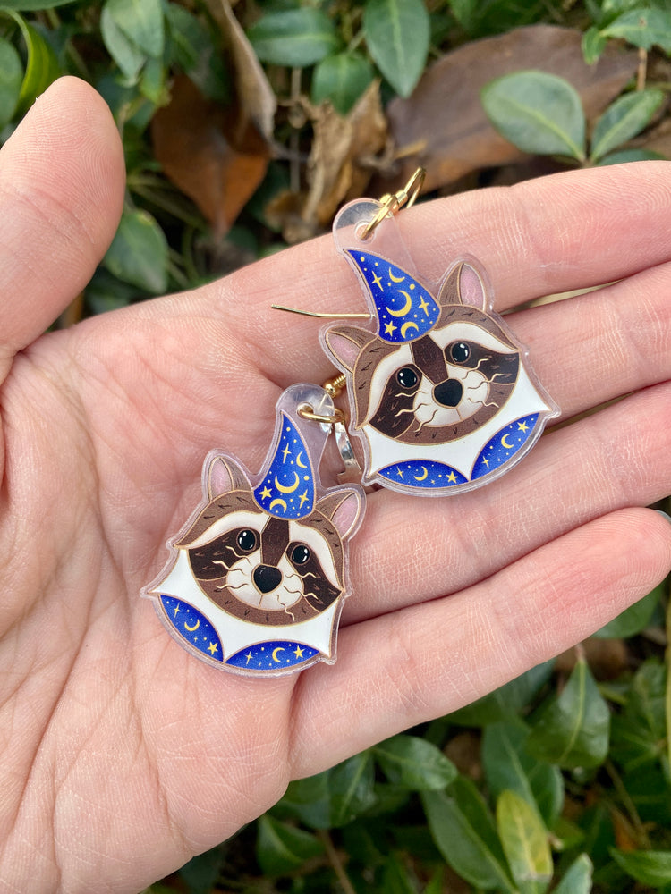 Blue and Gold Wizard Raccoon Acrylic Earrings