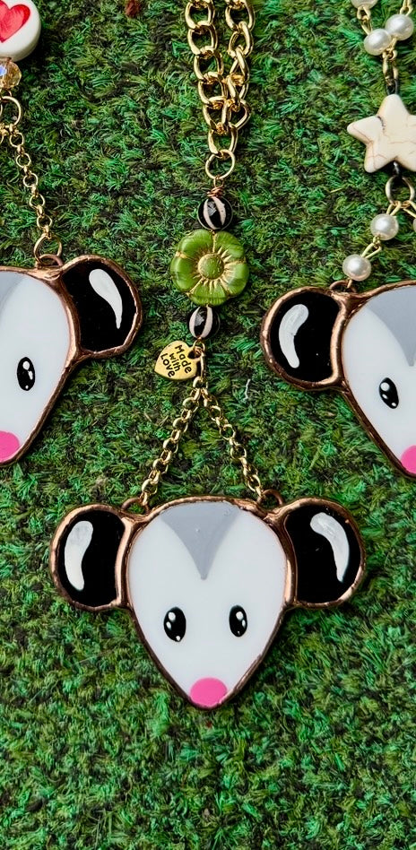 Green Flower Opossum Stained Glass Charm
