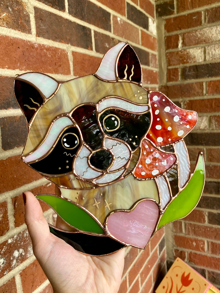 Mushroom Raccoon Stained Glass Suncatcher