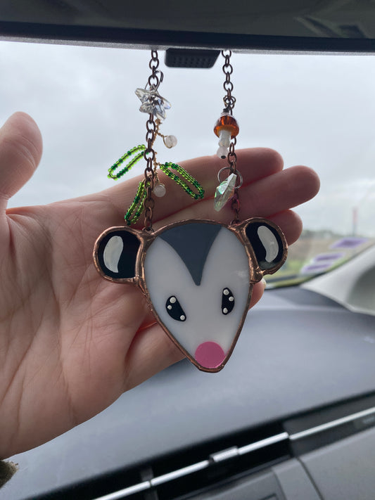 Forest Frenzy Opossum Stained Glass Car Charm