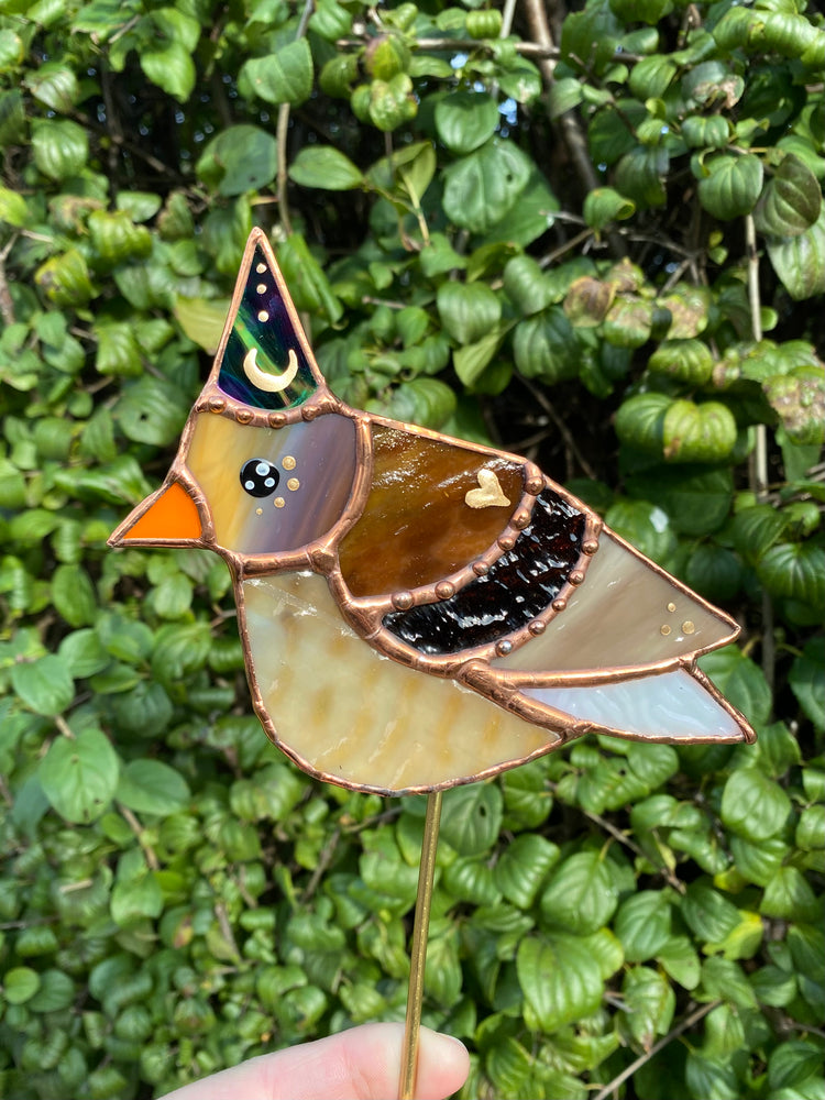 Wizard Sparrow Stained Glass Planter Stake