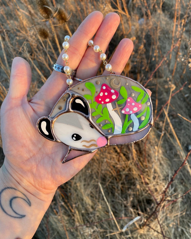 Mini Pink (ver 1) Sleepy Mushroom Opossum Stained Glass Ornament