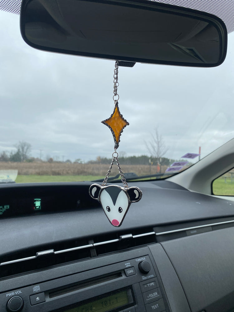 Silver Opossum Starburst Stained Glass Car Charm