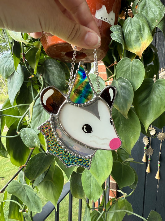 Dichroic Party Opossum Stained Glass Ornament