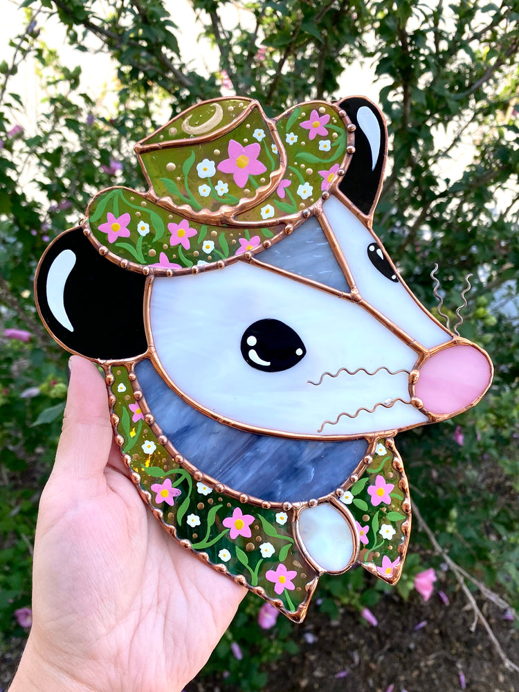 Midsummer Cowboy Opossum Stained Glass Suncatcher