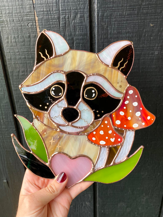 Mushroom Raccoon Stained Glass Suncatcher