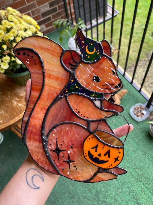 Trick-or-Treat Squirrel Stained Glass Suncatcher