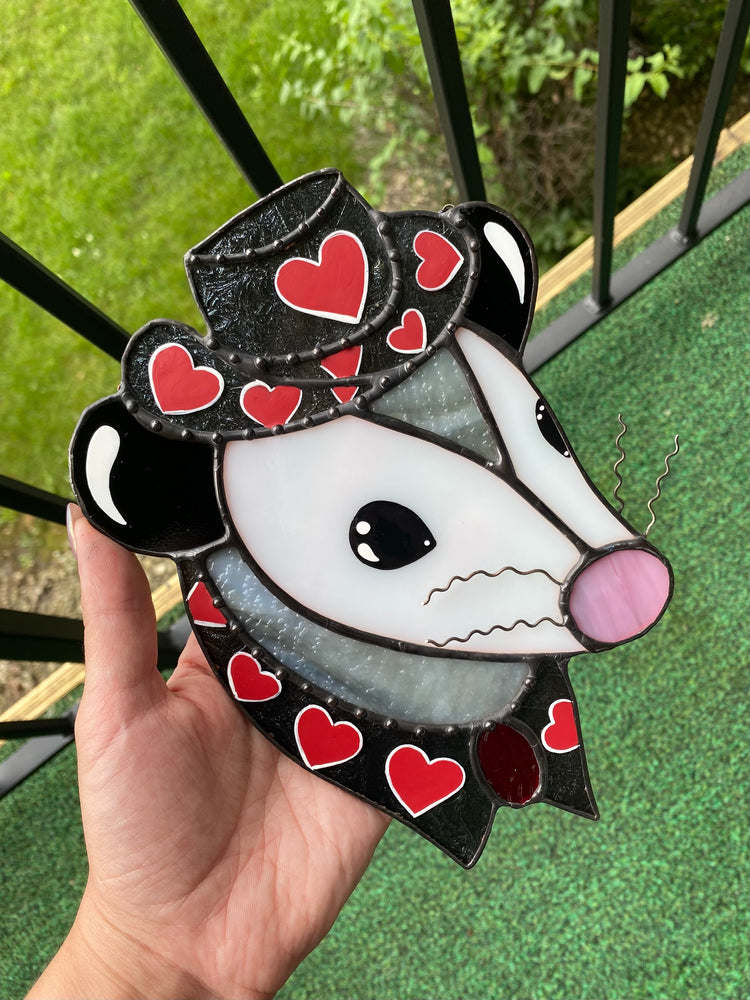 Red Heart Cowboy Opossum Stained Glass Suncatcher