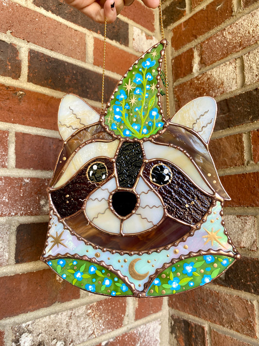 Blue Flower Wizard Raccoon Stained Glass Suncatcher