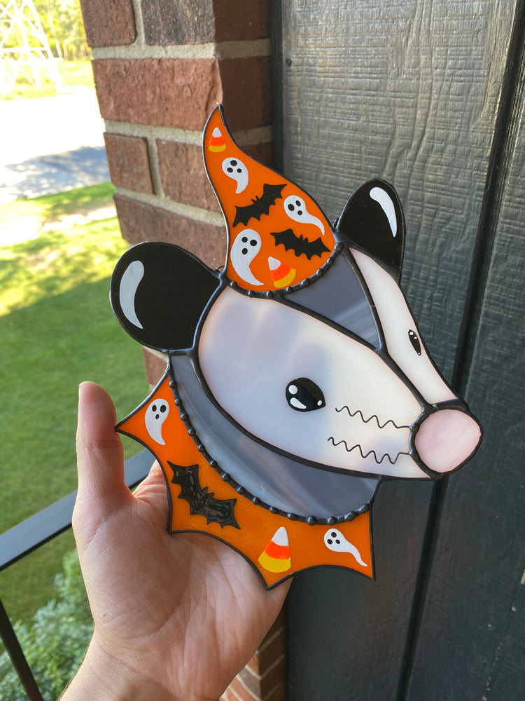 (cracked!) Halloween Opossum Stained Glass Suncatcher