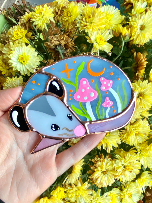 Sleepy Pink Mushroom Opossum Mini Stained Glass Suncatcher