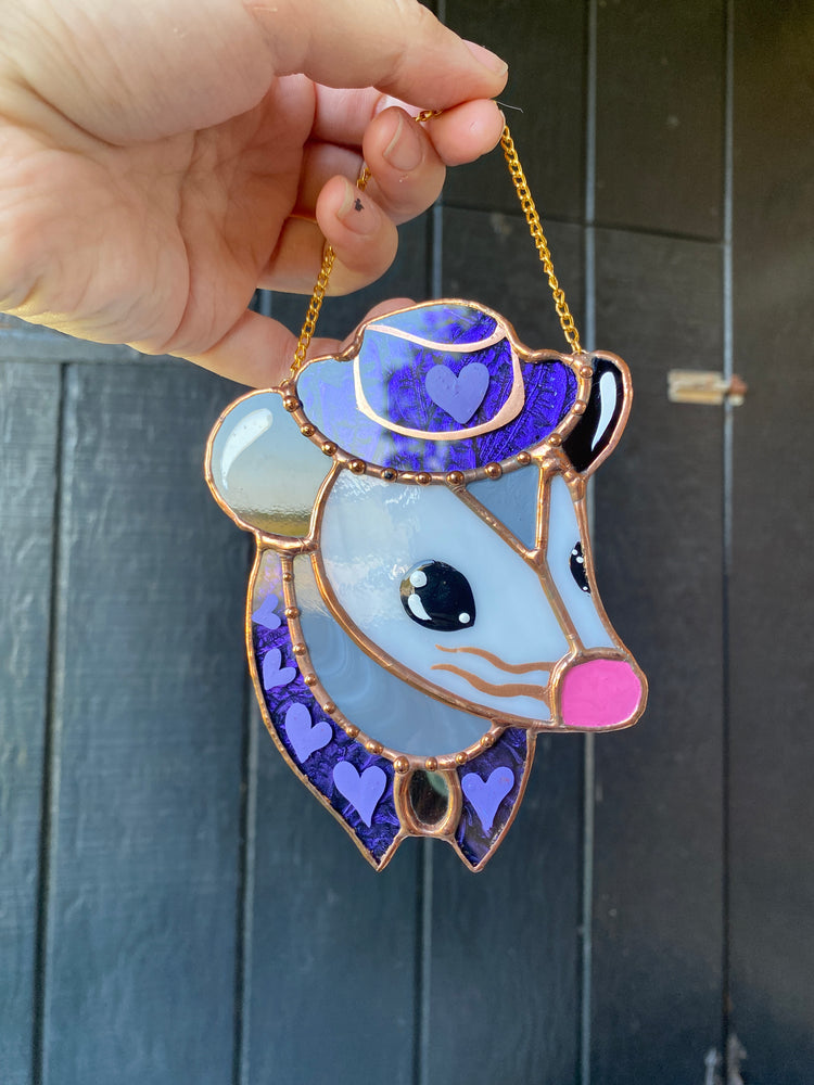 Mini Purple Cowboy Opossum Stained Glass Ornament