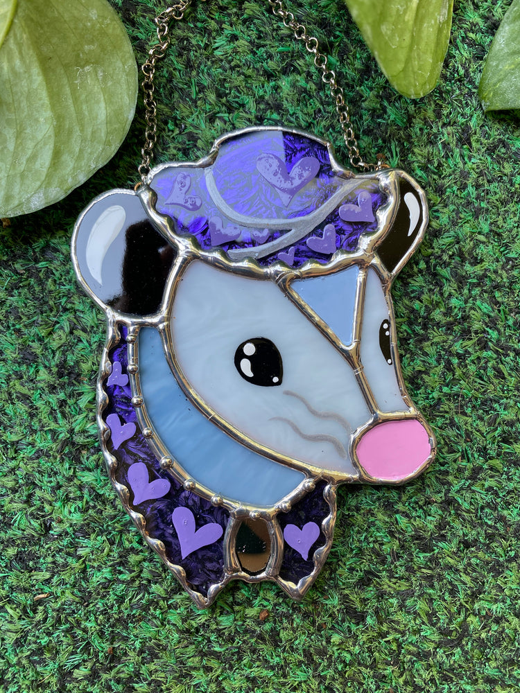 Mini Purple Cowboy Opossum Stained Glass Ornament